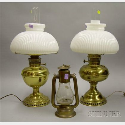 Two Brass Kerosene Table Lamps and a Brass Lantern