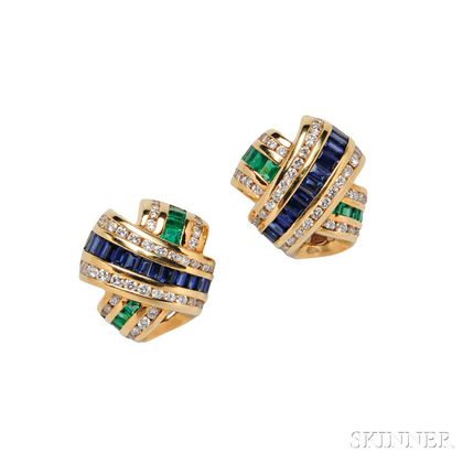 18kt Gold, Sapphire, Emerald, and Diamond Earrings, Charles Krypell