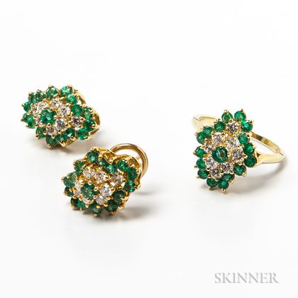 18kt Gold, Emerald, and Diamond Earrings and Ring