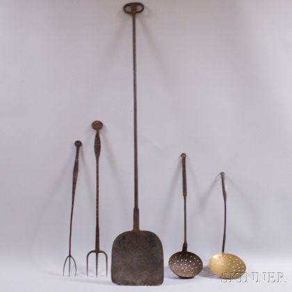 Five Wrought Iron and Brass Hearth Items