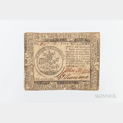 November 29, 1775 $5 Continental Currency Note, CC-15. Estimate $100-200