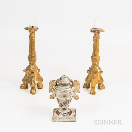 Pair of Italian Baroque-style Carved Gilt-wood Candlesticks and a Carved and Painted Urn