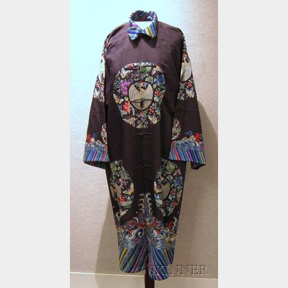 Chinese Embroidered Black Silk Robe. 