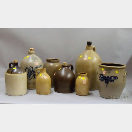 Eight Cobalt Decorated and Glazed Stoneware Crocks and Jugs