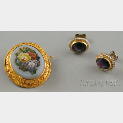 Victorian Micromosaic Brooch and a Pair of Amethyst and Seed Pearl Earrings