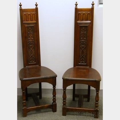 Pair of Jacobean-style Carved Maple Hall Chairs. 