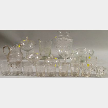 Nineteen Pressed and Etched Colorless Glass and Five Cut Glass Tableware Items