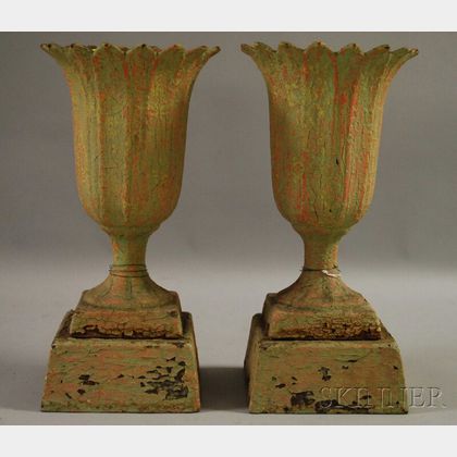Pair of Small Painted Cast Iron Garden Urns
