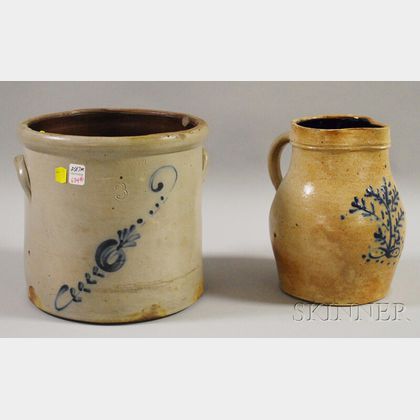 Cobalt-decorated Stoneware Pitcher and Crock