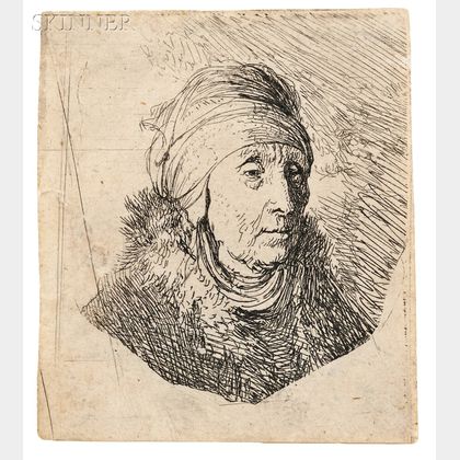 Attributed to Rembrandt van Rijn (Dutch, 1606-1669) Woman with a High Head-Dress Around Chin: Bust