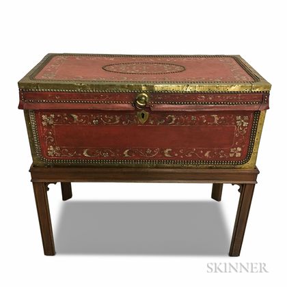 Paint-decorated Leather-clad Camphorwood Chest on Stand
