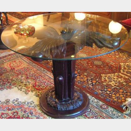 Asian Naturalistically Carved Hardwood Table Base with Circular Colorless Glass Top. 