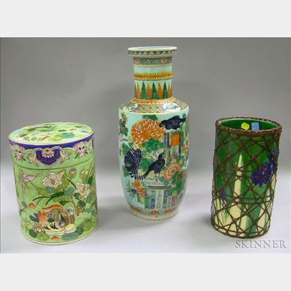 Chinese Enamel Decorated Porcelain Vase and Covered Jar and a Japanese Bamboo-wrapped Pottery Vase