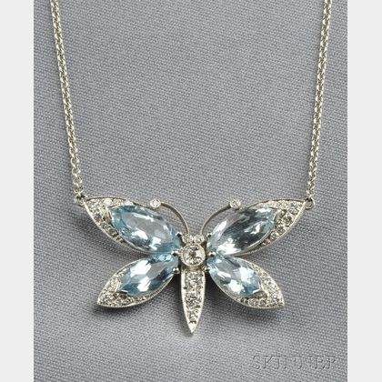 Platinum, Aquamarine, and Diamond Butterfly Pendant