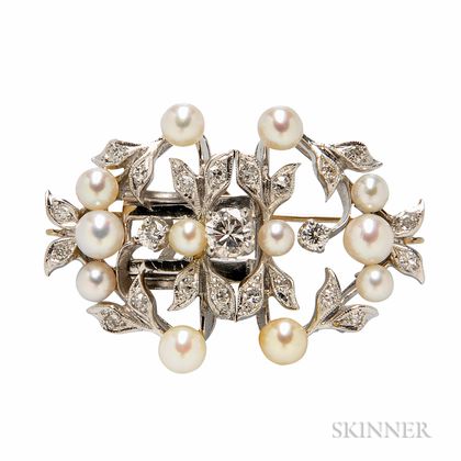 White Gold, Cultured Pearl, and Diamond Brooch