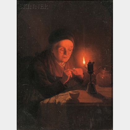 Andreas Franciscus Josephus Vermeulen (Dutch, 1821-1884) Old Woman Threading a Needle by Candlelight