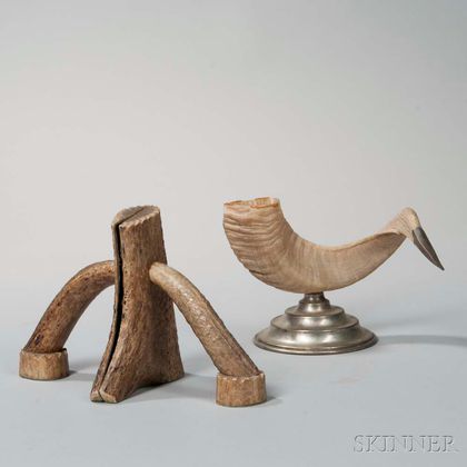 Antler Book Ends and Sheep Horn Ornament 