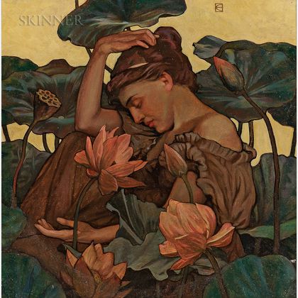 Art Nouveau School, 19th/20th Century Lady with Waterlilies