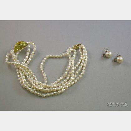 Freshwater Pearl and Gold Necklace and a Pair of Pearl and Diamond Stud Earrings. 