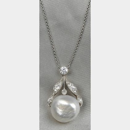 Edwardian Semi-baroque Natural Pearl and Diamond Pendant