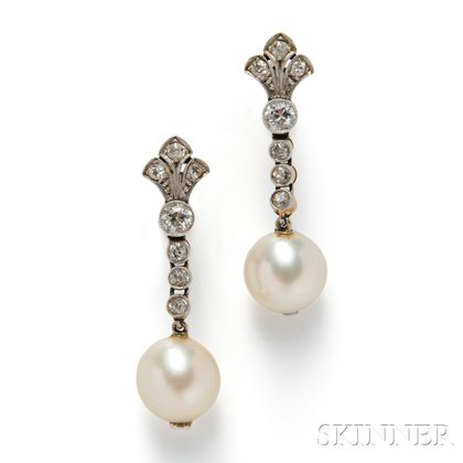 Cultured Pearl and Diamond Earpendants