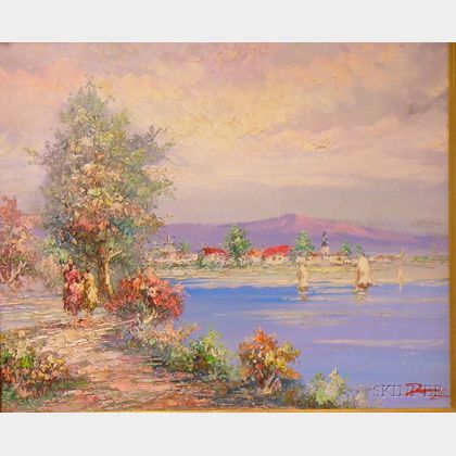 Framed Oil on Canvas Springtime Coastal Landscape