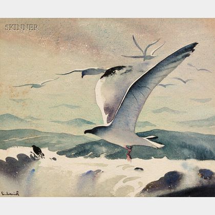 Sandor Bernath (American, 1892-1984) Three Nautical Views of Seagulls and Racing Yachts