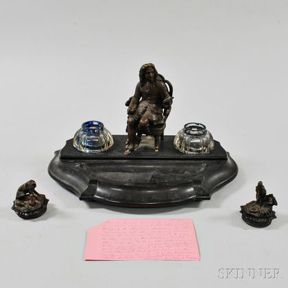 French Bronze-mounted, Slate, and Glass Figural Inkwell