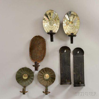 Three Pairs of Tin Wall Sconces and a Single Wall Sconce