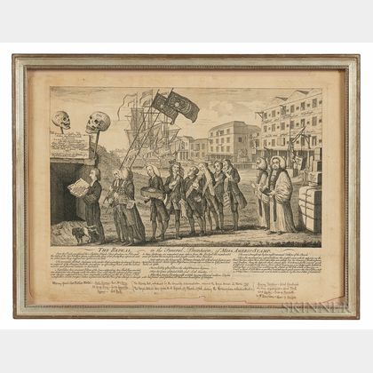 Engraved "The Repeal, or the Funeral Procession of Miss Americ-Stamp" Print