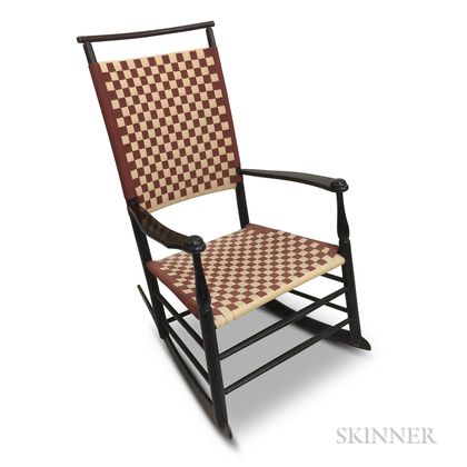 Shaker Reproduction Black-painted Tape-woven Armed Rocking Chair