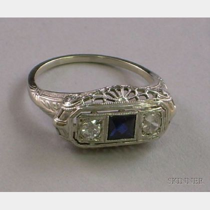 Art Deco 10kt White Gold, Blue Stone, and Diamond Ring