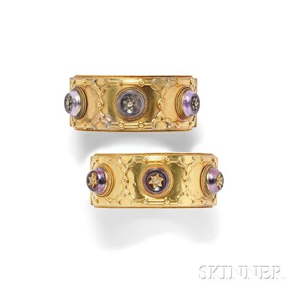 Pair of Antique Gold, Amethyst, and Diamond Bracelets, Carlo Giuliano