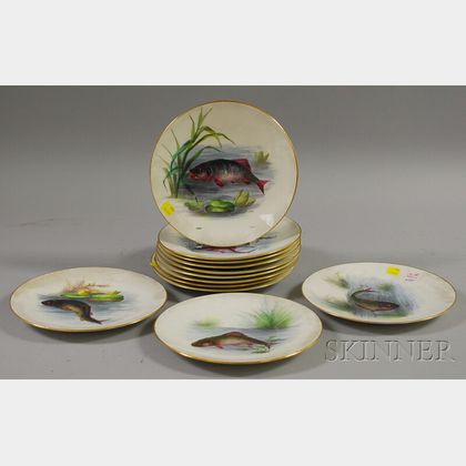 Set of Twelve Hand-painted Fish-decorated Brownfield Porcelain Plates