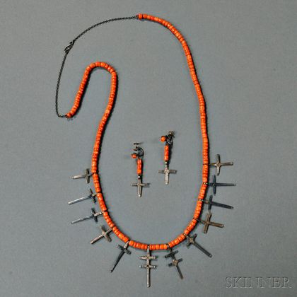 Ecuadorian Coral and Silver Cross Necklace with Matching Earrings