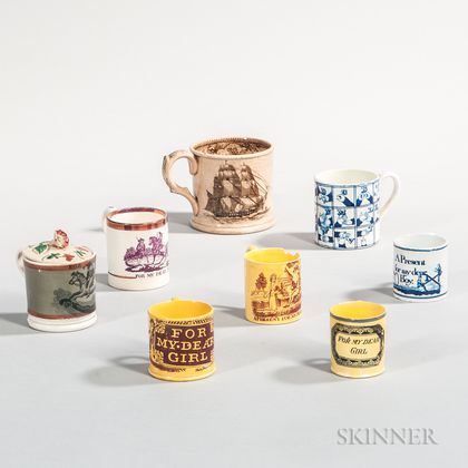 Seven Transfer-decorated Child's Mugs and a Larger Transfer-decorated Mug