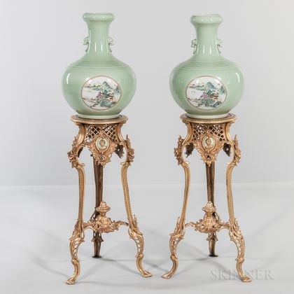 Pair of Chinese Celadon Bottle Vases with Gilt-metal Floor Stands