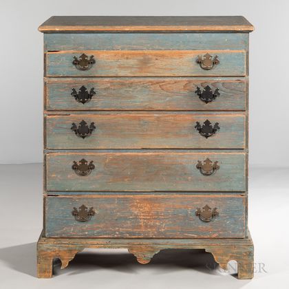 Blue-painted Pine Chest of Five Drawers