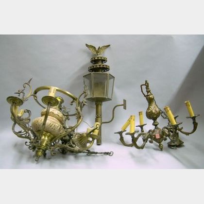 Brass Plated Wall Lantern, an Italian Renaissance Style Brass Plated and Ceramic Six-Light Chandelier, and a Br... 