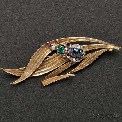 14kt Gold and Gemstone Leaf and Insect Brooch