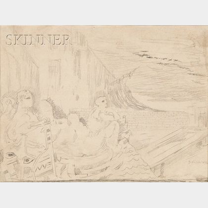 Giorgio De Chirico (Italian, 1888-1978) Untitled Landscape with Petrified Boat and Figures [The Dioscuri], c. 1925