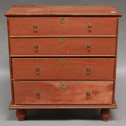 New England Red-painted Pine Blanket Chest over Two Long Drawers