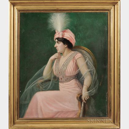 Heinrich Michaelis (German, b. 1837) Elegant Woman in Pink with a Plumed Turban Hat