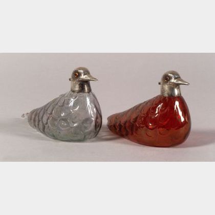 Pair of Elizabeth II Silver Mounted Glass Dove-form Ewers
