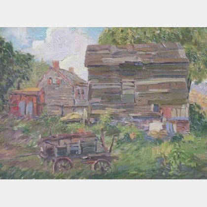 Framed Oil on Canvasboard of Farmhouses and Wagon
