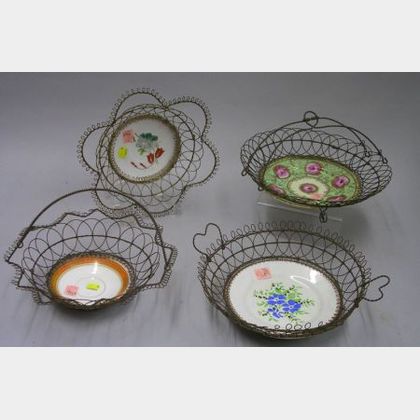 Four Wire Baskets with Porcelain Dish Inserts. 