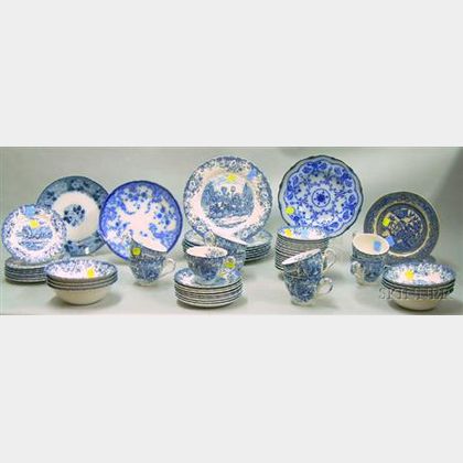 Fifty-two Piece Johnson Bros. Blue and White Transfer Coaching Scenes Pattern Partial Dinner Set