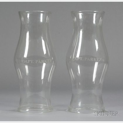 Pair of Colorless Glass Hurricane Shades Engraved "CAPT. PARKER,"