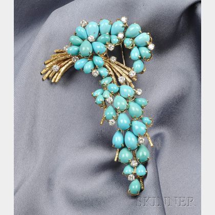 18kt Gold and Turquoise Diamond Spray Brooch