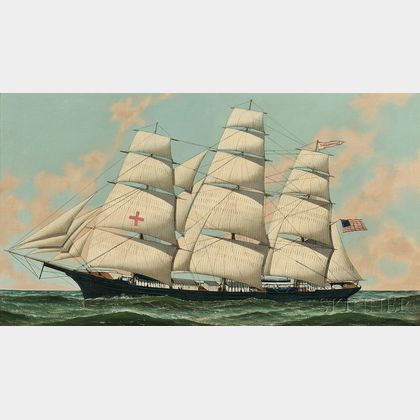 Antonio Jacobsen (Danish/American, 1850-1921) The Ship "Dreadnaught" Under Full Sail in Open Water